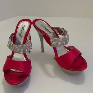Selina Elegant Red Satin Heels with Rhinestone Strap Size 9